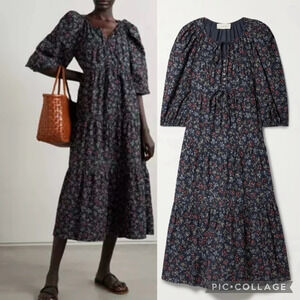 THE GREAT. The Bonnet Tiered Floral Print Cotton Corduroy Midi Dress